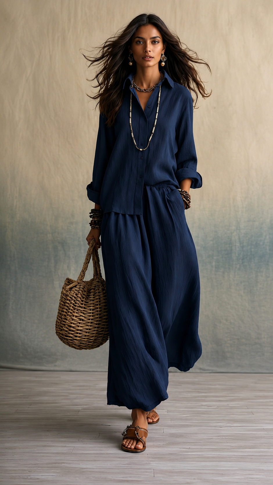 🌿 Linen Cotton Shirt & Wide Leg Pants Set