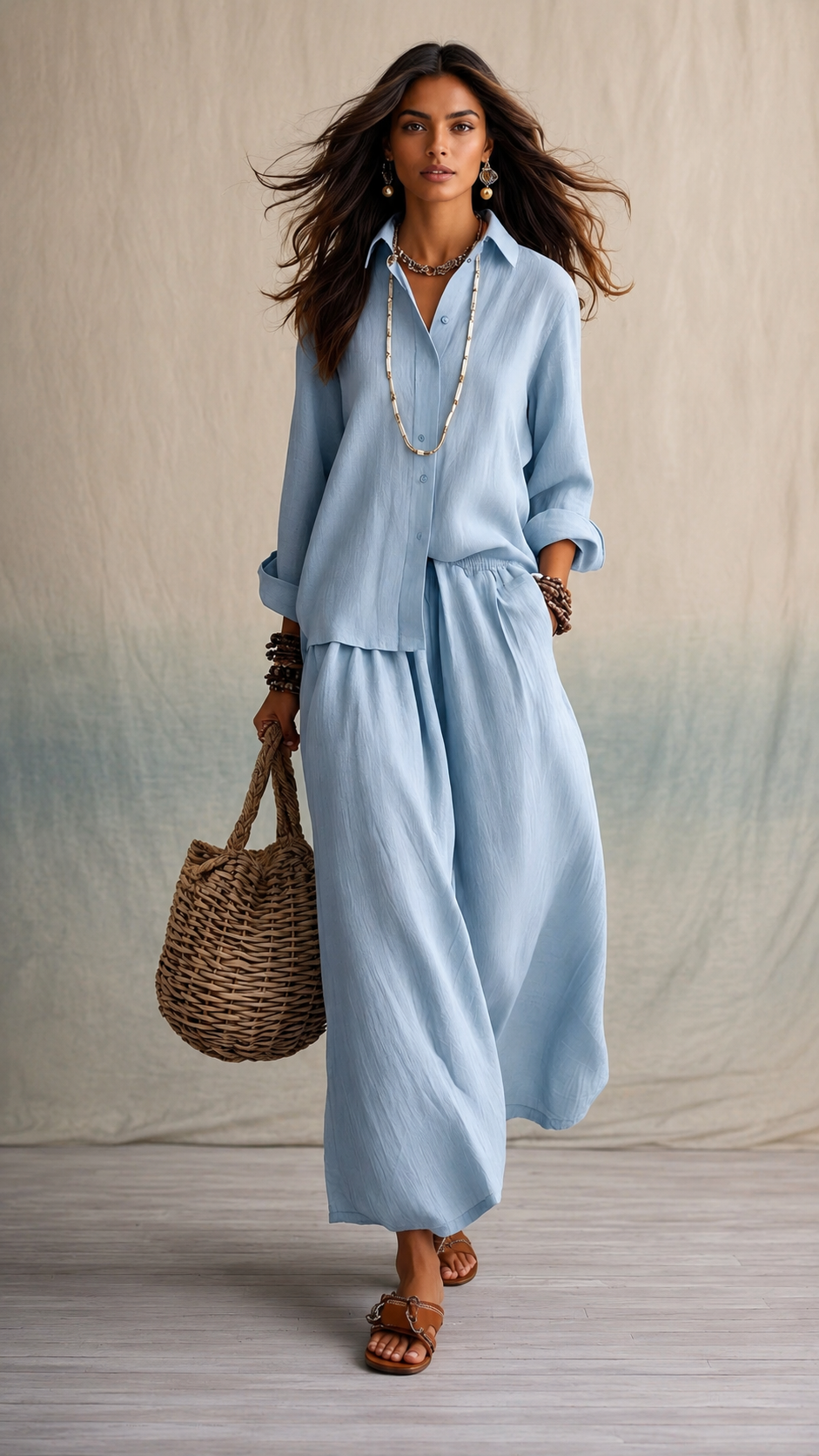🌿 Linen Cotton Shirt & Wide Leg Pants Set