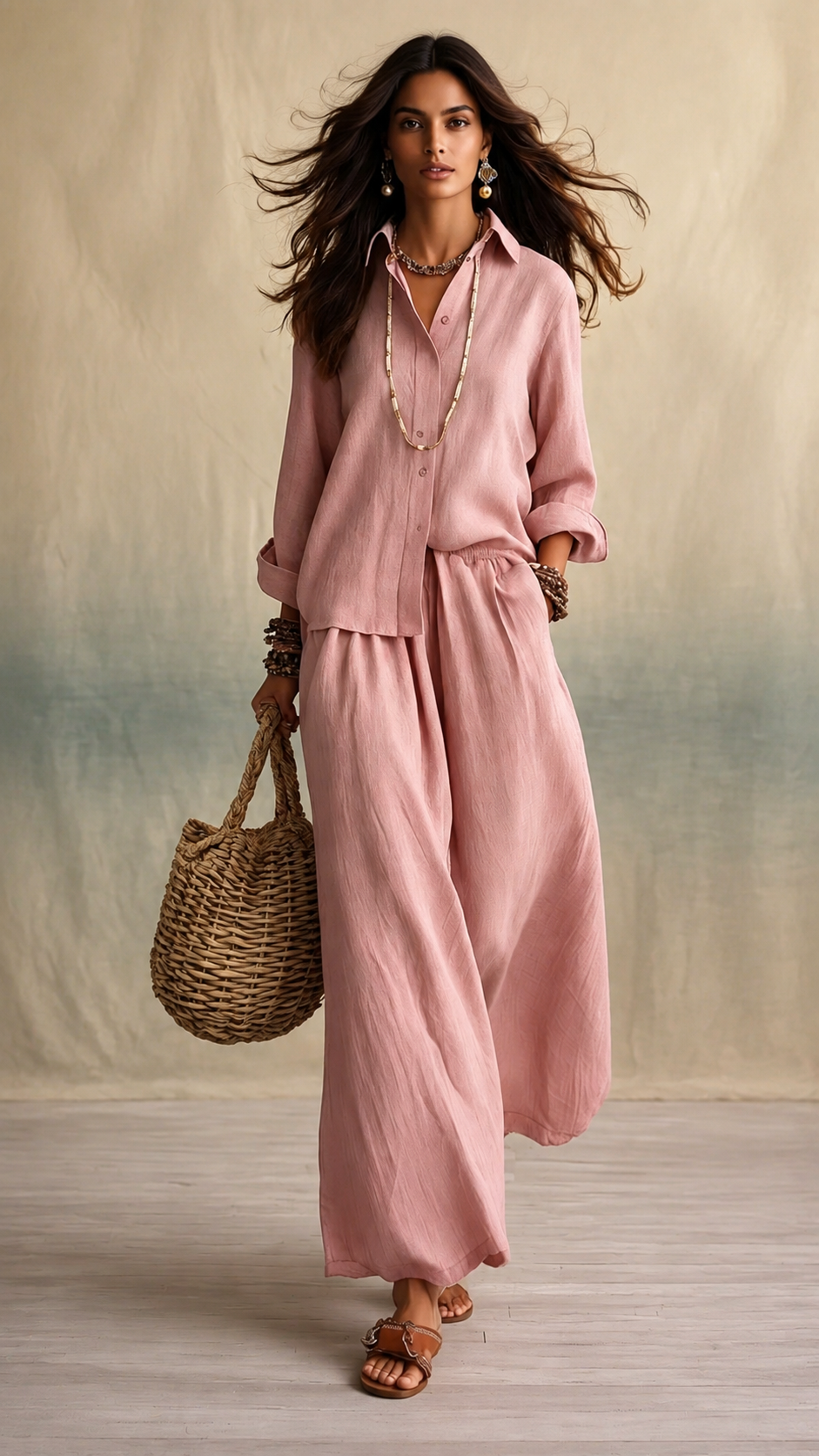 🌿 Linen Cotton Shirt & Wide Leg Pants Set