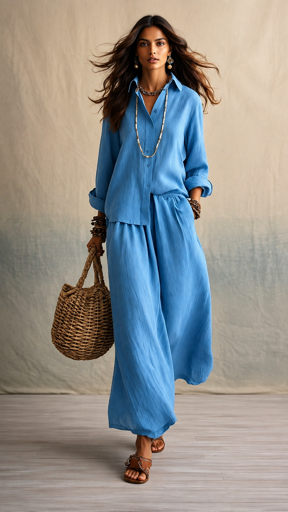 🌿 Linen Cotton Shirt & Wide Leg Pants Set