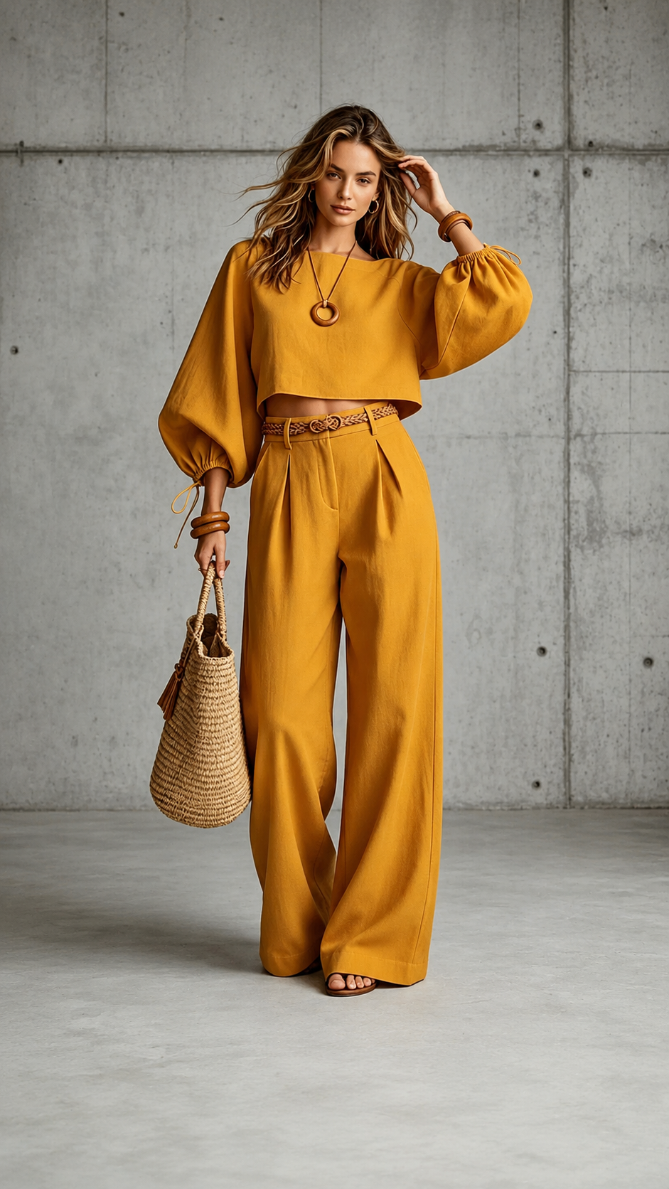 Polyester Casual Puff Sleeve Pants Set