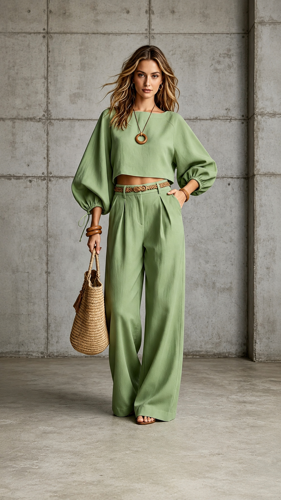 Polyester Casual Puff Sleeve Pants Set