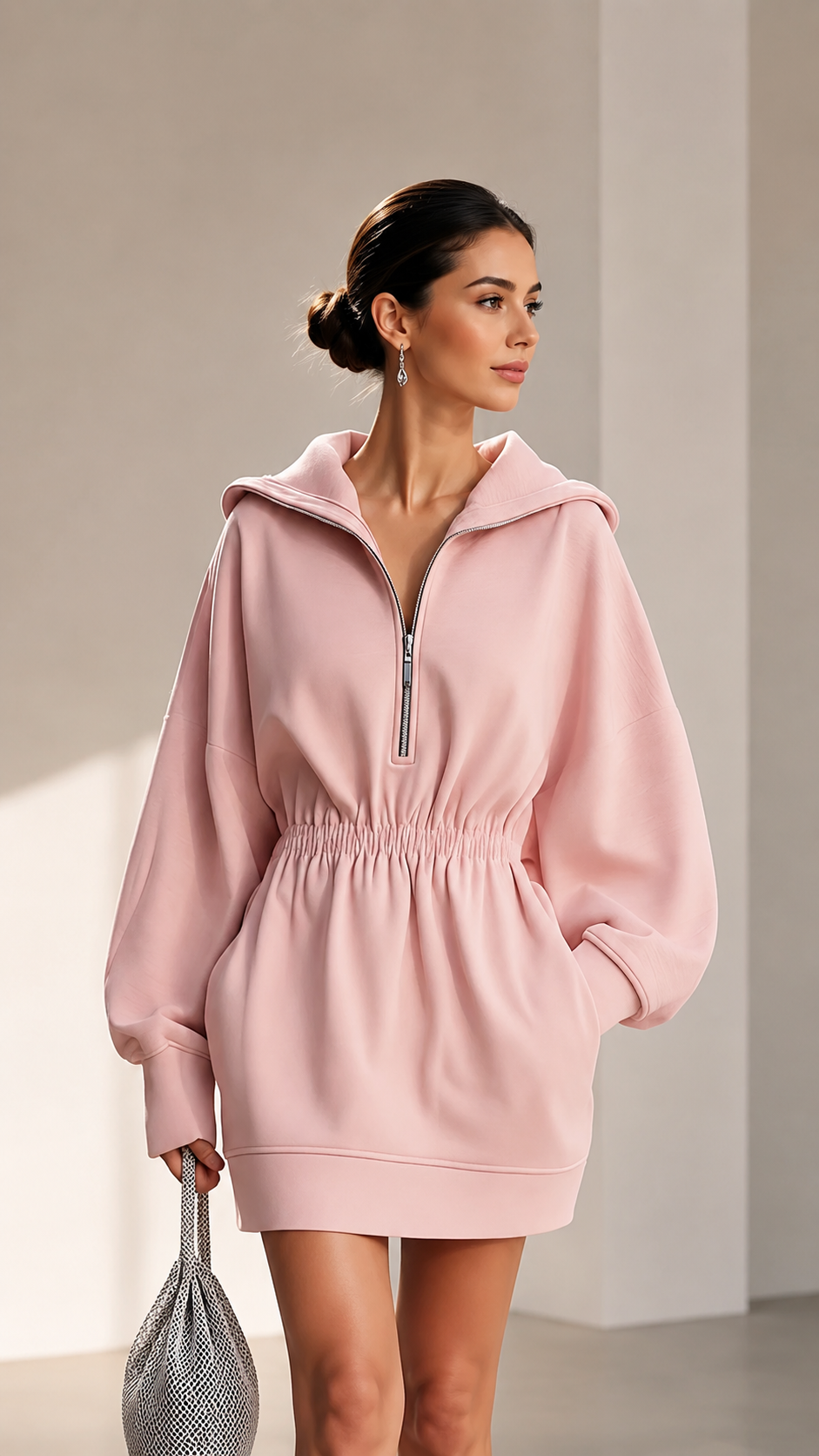 🤎 Half-Zip Hooded Elastic-Waist Mini Dress