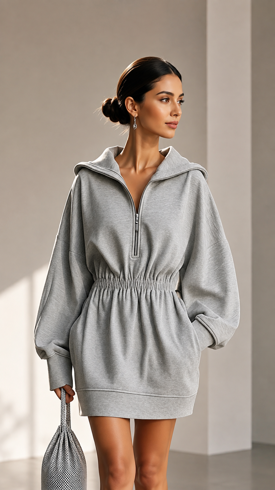 🤎 Half-Zip Hooded Elastic-Waist Mini Dress