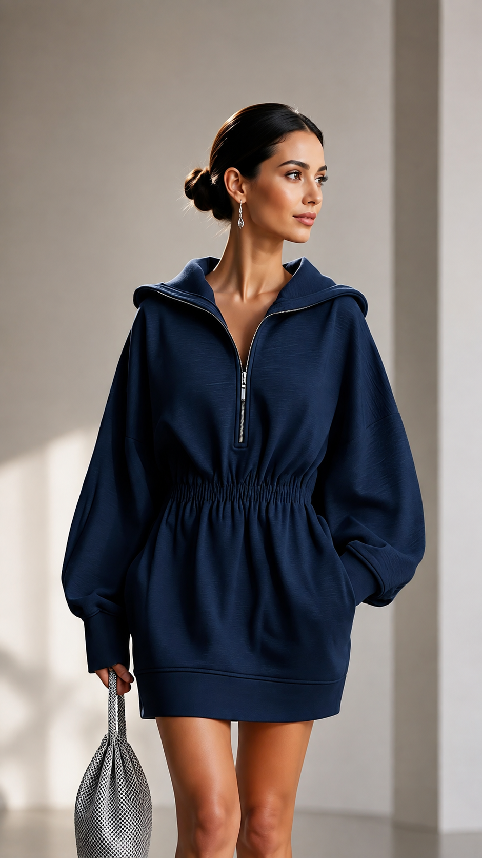 🤎 Half-Zip Hooded Elastic-Waist Mini Dress