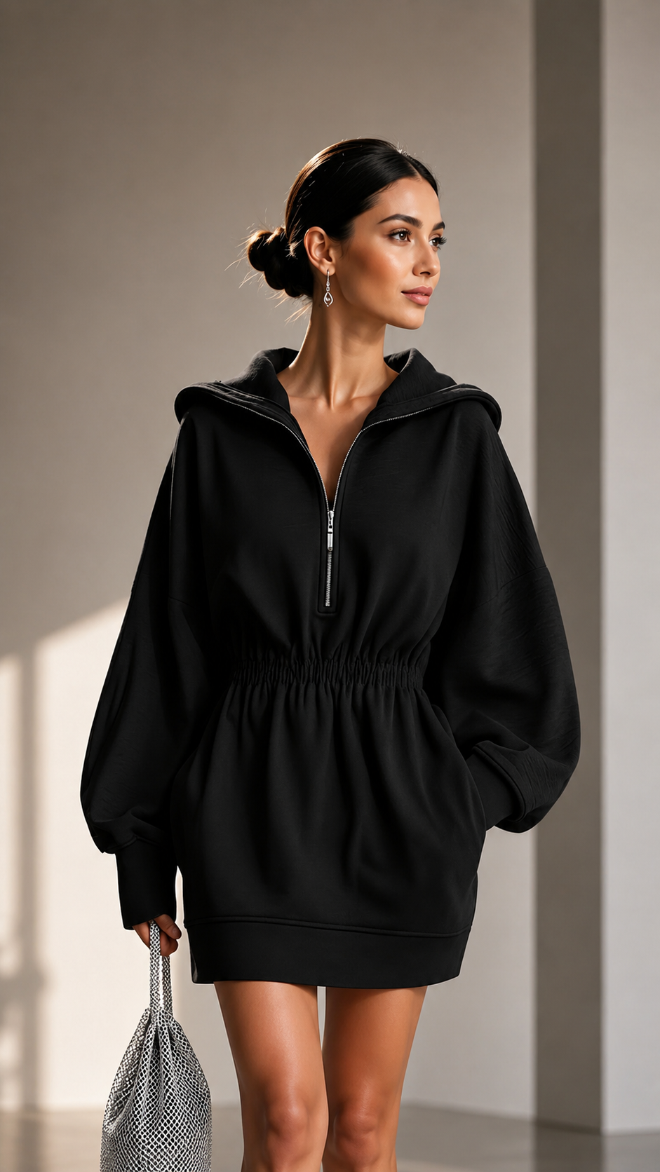 🤎 Half-Zip Hooded Elastic-Waist Mini Dress