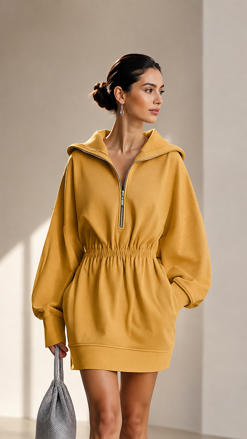 🤎 Half-Zip Hooded Elastic-Waist Mini Dress
