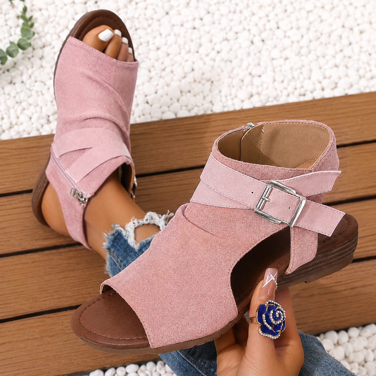 👡 Suede Ankle Strap Open-Toe Sandals