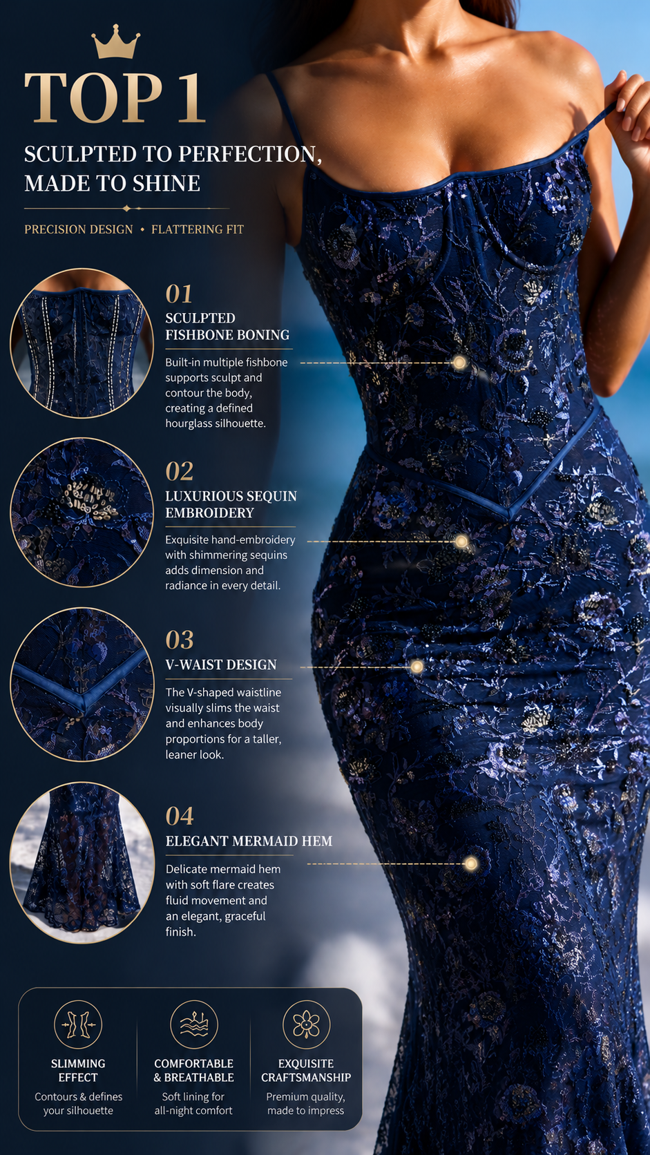 ✨ Naima Navy Blue Beaded Corset Gown