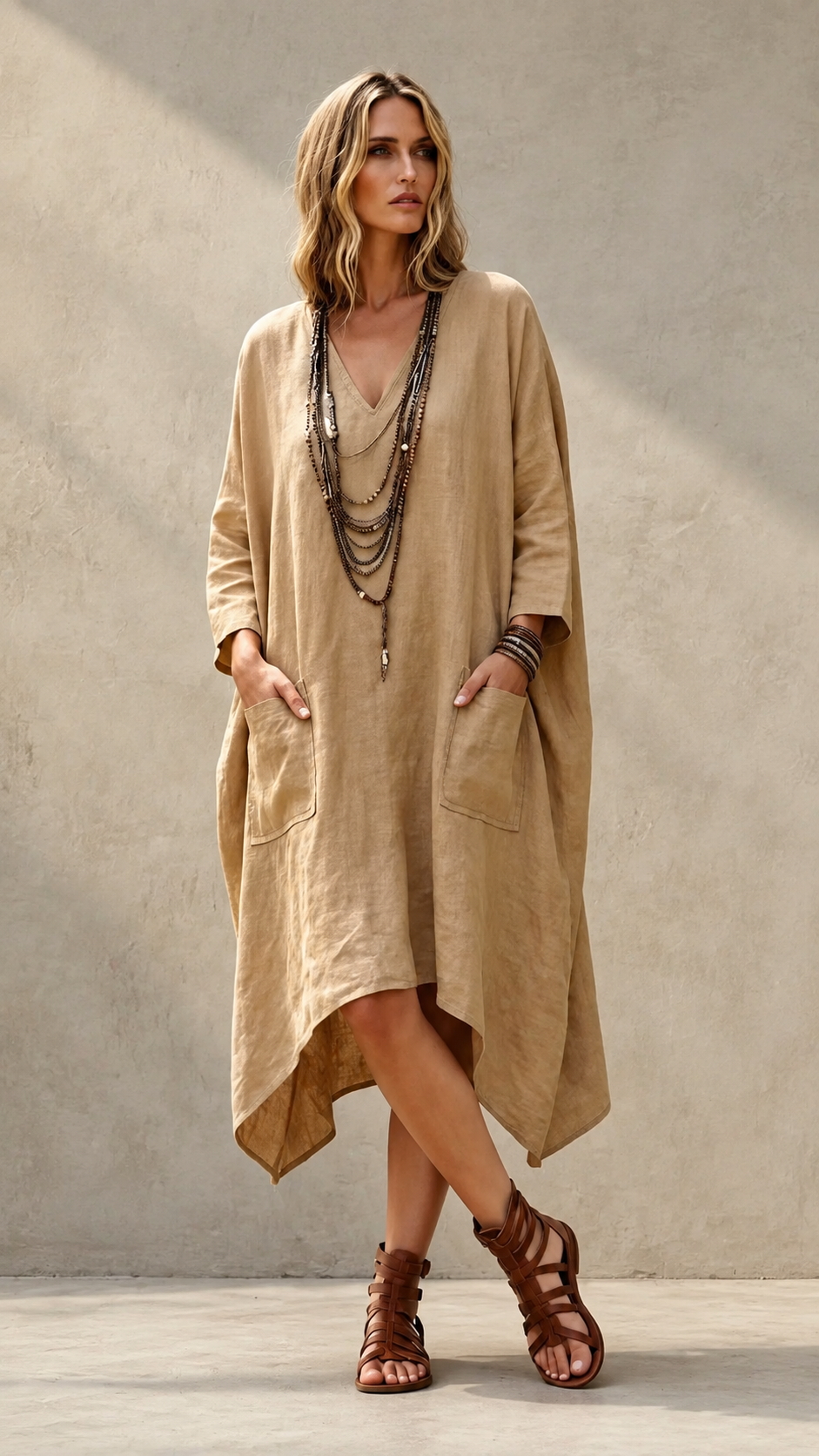 🌿 Relaxed Linen Kaftan Maxi Dress
