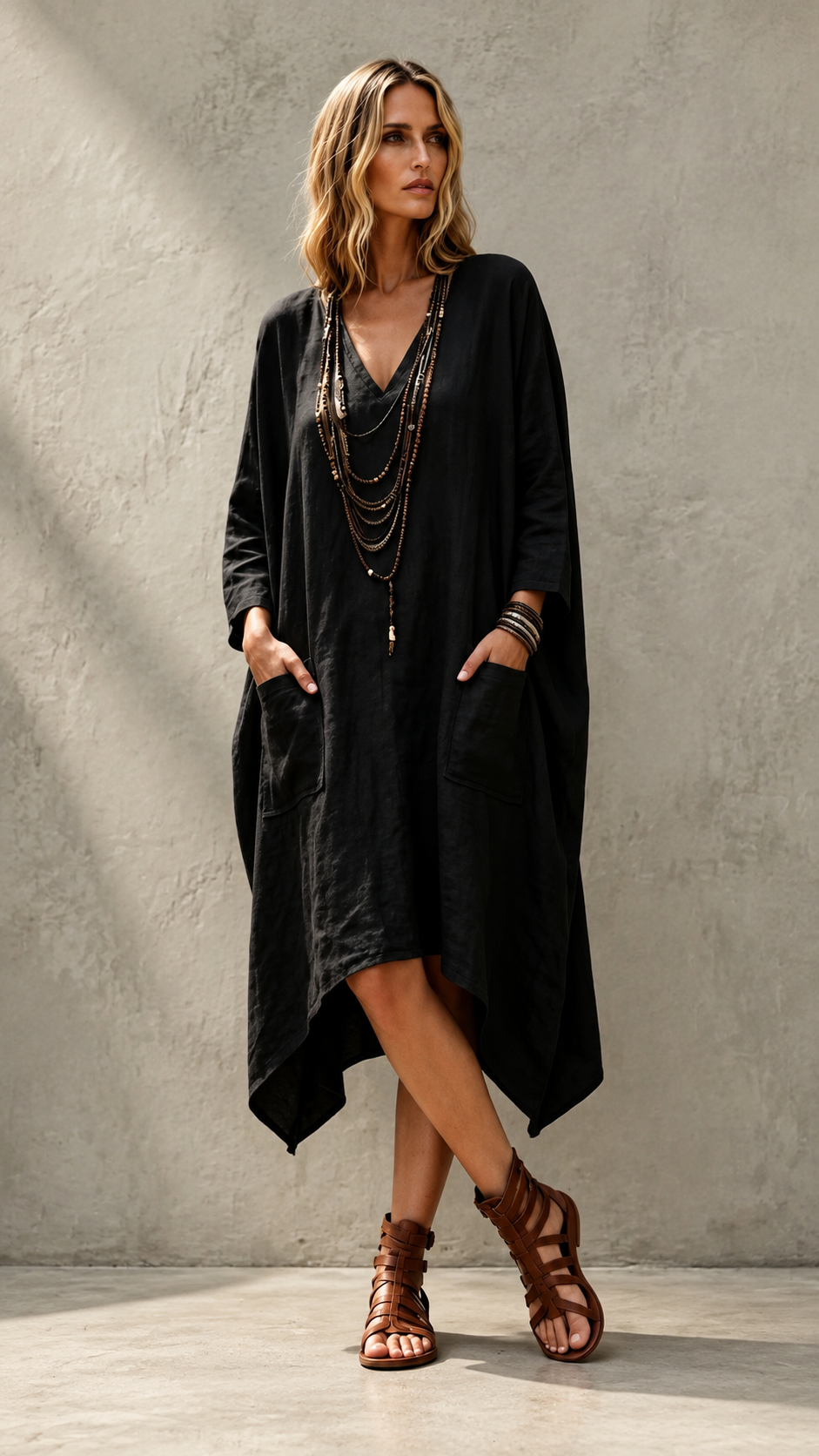 🌿 Relaxed Linen Kaftan Maxi Dress