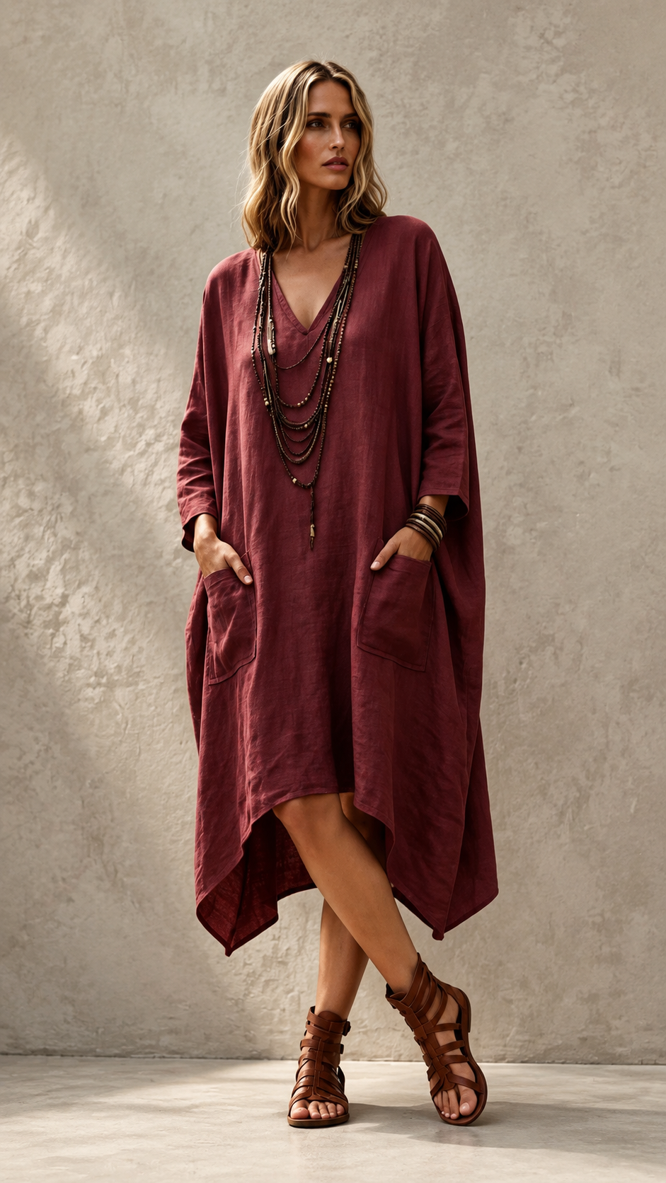🌿 Relaxed Linen Kaftan Maxi Dress