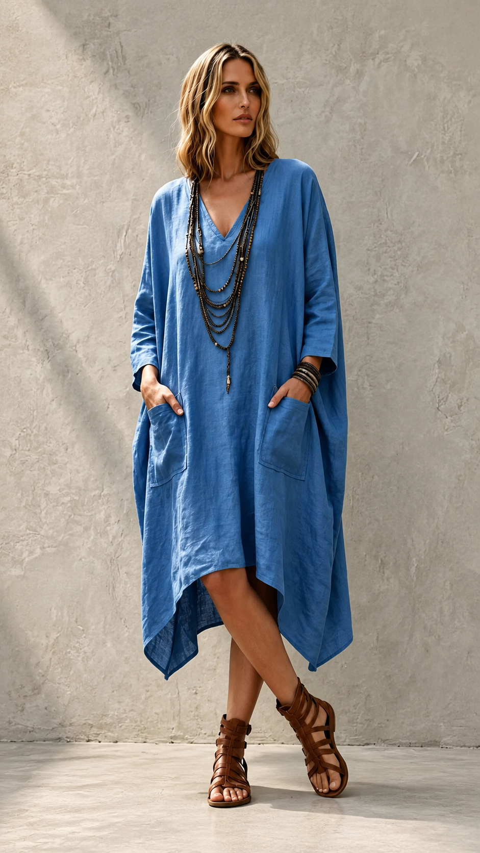 🌿 Relaxed Linen Kaftan Maxi Dress