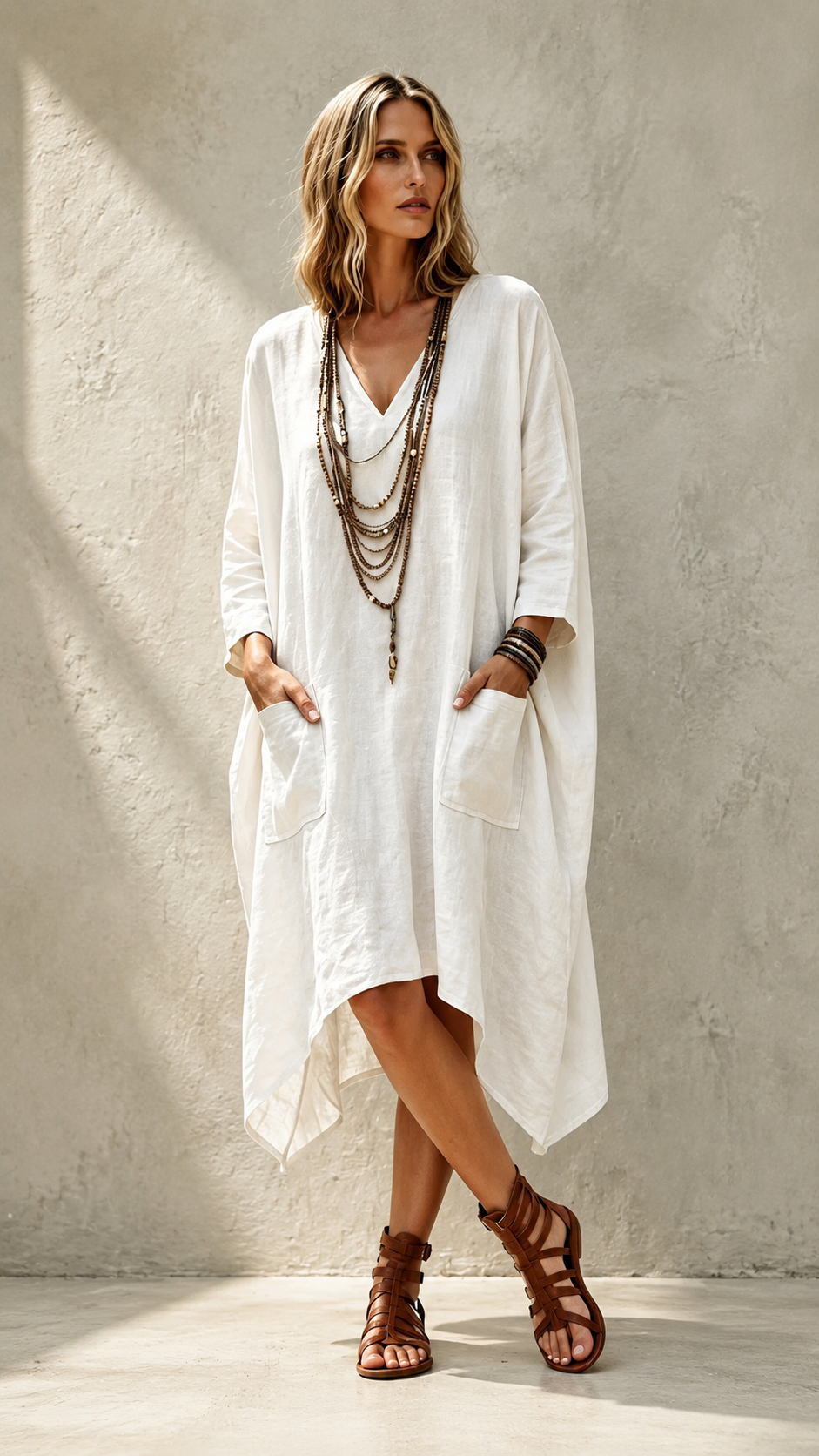 🌿 Relaxed Linen Kaftan Maxi Dress