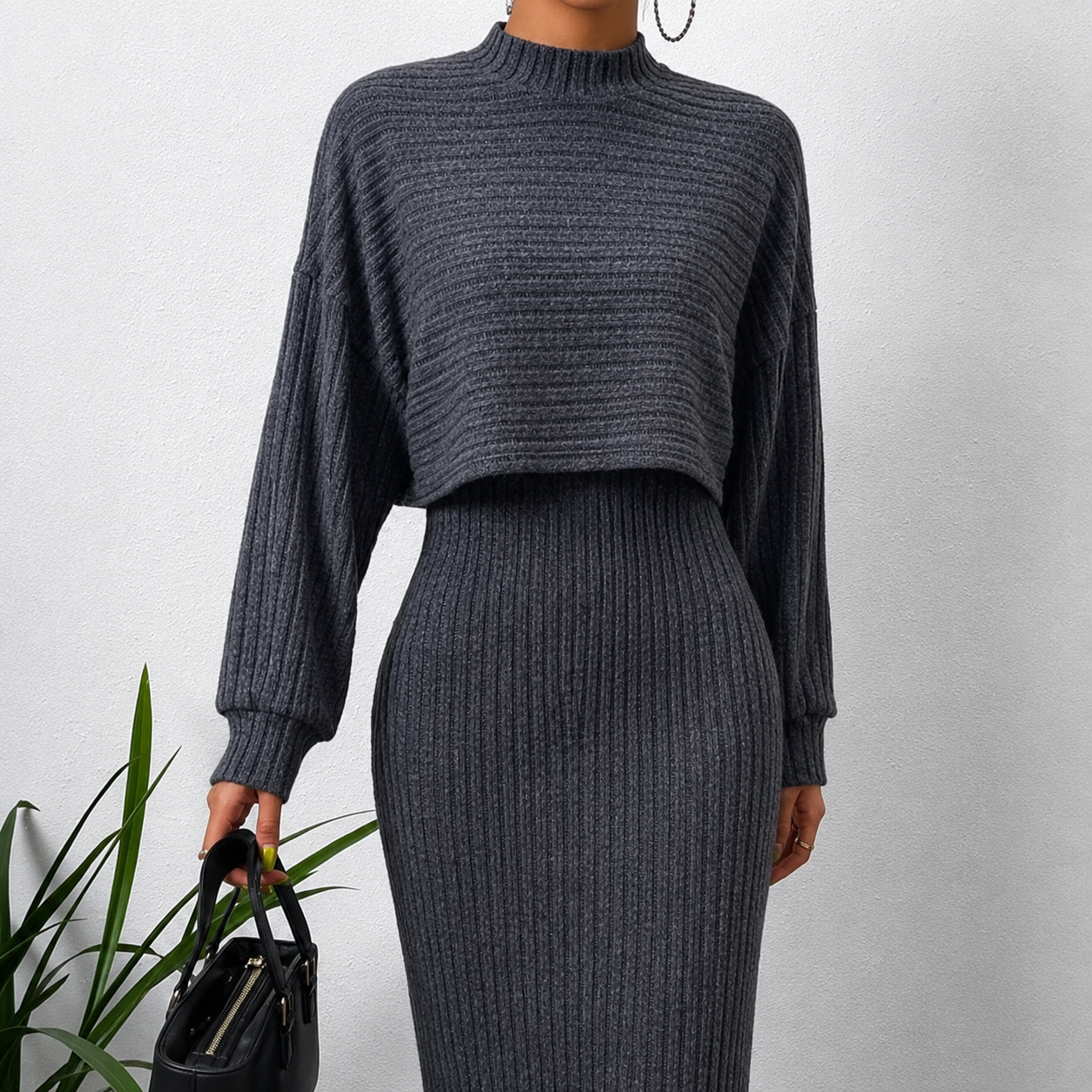 Ladies 2PCS Crop Top Hip Wrap Back Split Dress