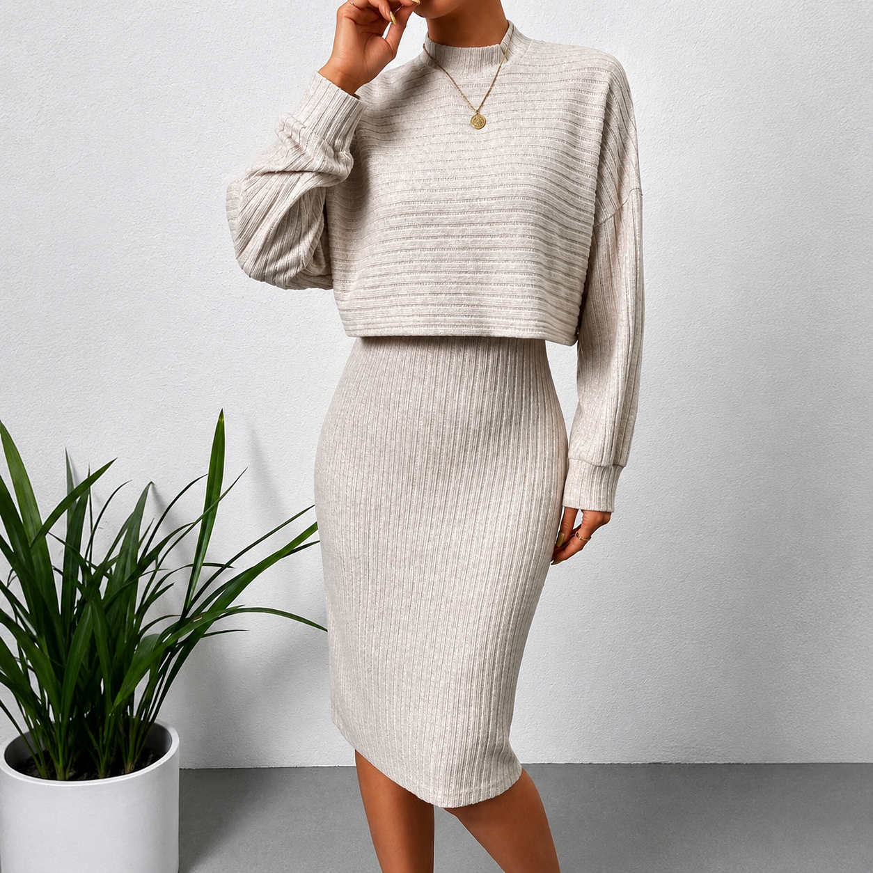 Ladies 2PCS Crop Top Hip Wrap Back Split Dress