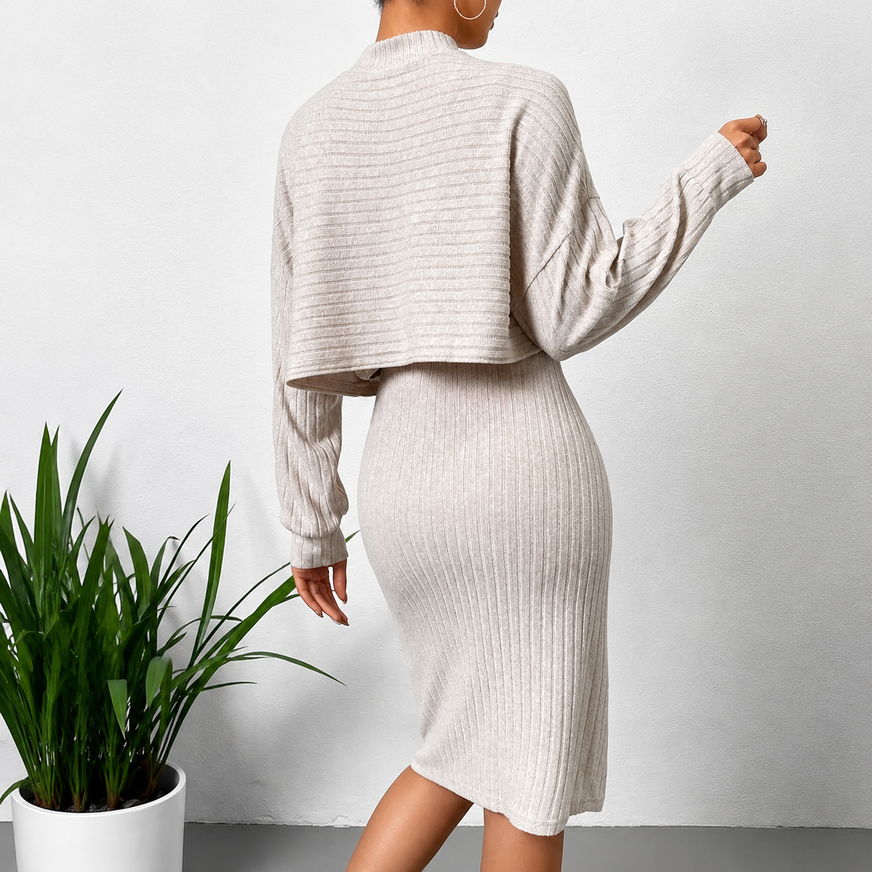 Ladies 2PCS Crop Top Hip Wrap Back Split Dress