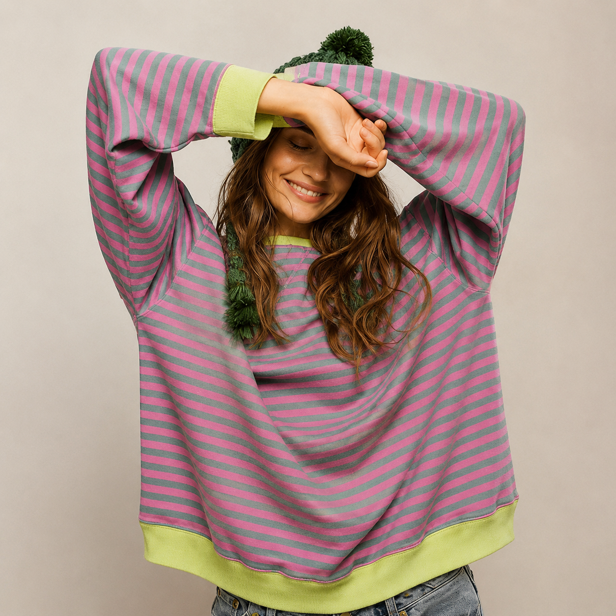 Oversized Ribbed Striped Tunic Sweatshirt for Women – Cozy Casual Comfort