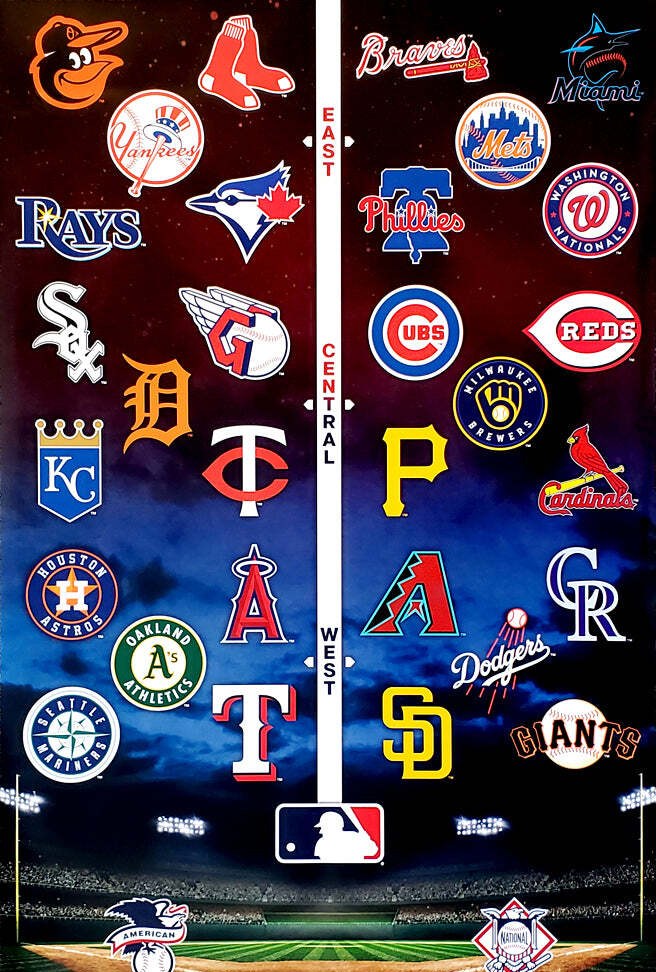 All 30 MLB team logos arranged by American League and National League divisions