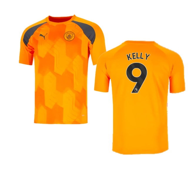 2023-2024 Man City Pre-Match Jersey (Orange) (Kelly 9) — Buy Now