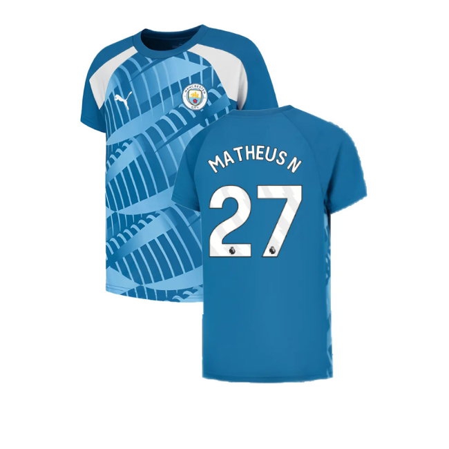 2023-2024 Man City Pre-Match Jersey (Lake Blue) - Kids (Matheus N 27) — Buy Now