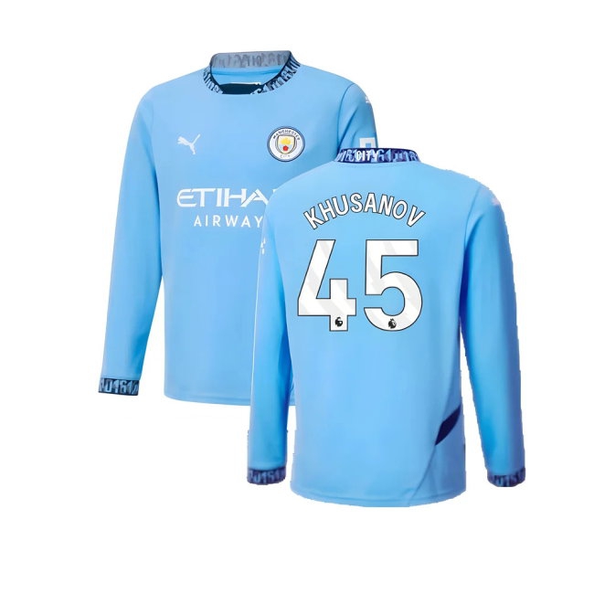 2024-2025 Man City Home Long Sleeve Shirt (Kids) (Khusanov 45) — Shop Online