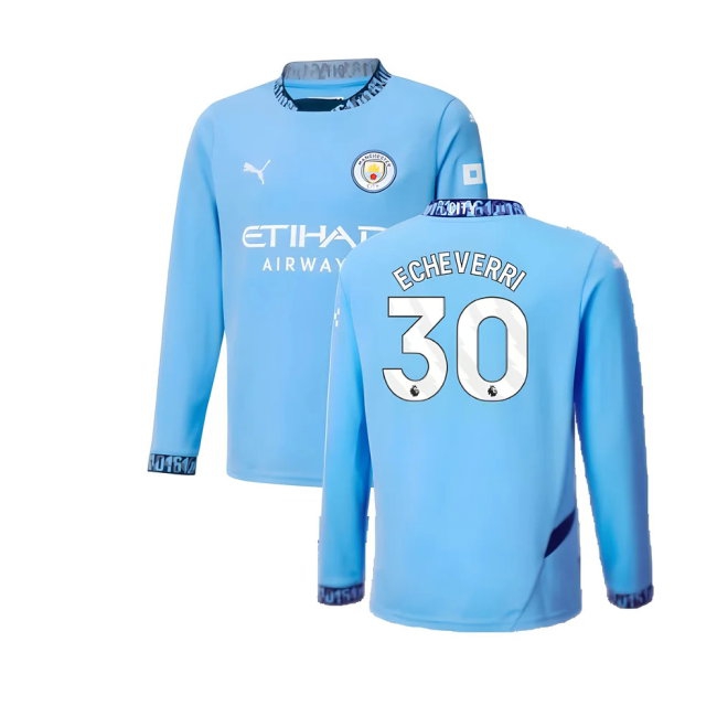 2024-2025 Man City Home Long Sleeve Shirt (Kids) (Echeverri 30) — Buy Now