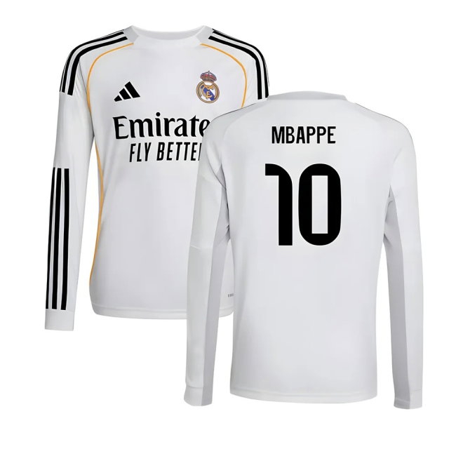 2025-2026 Real Madrid Long Sleeve Home Shirt (Kids) (Mbappe 10) — Buy Now