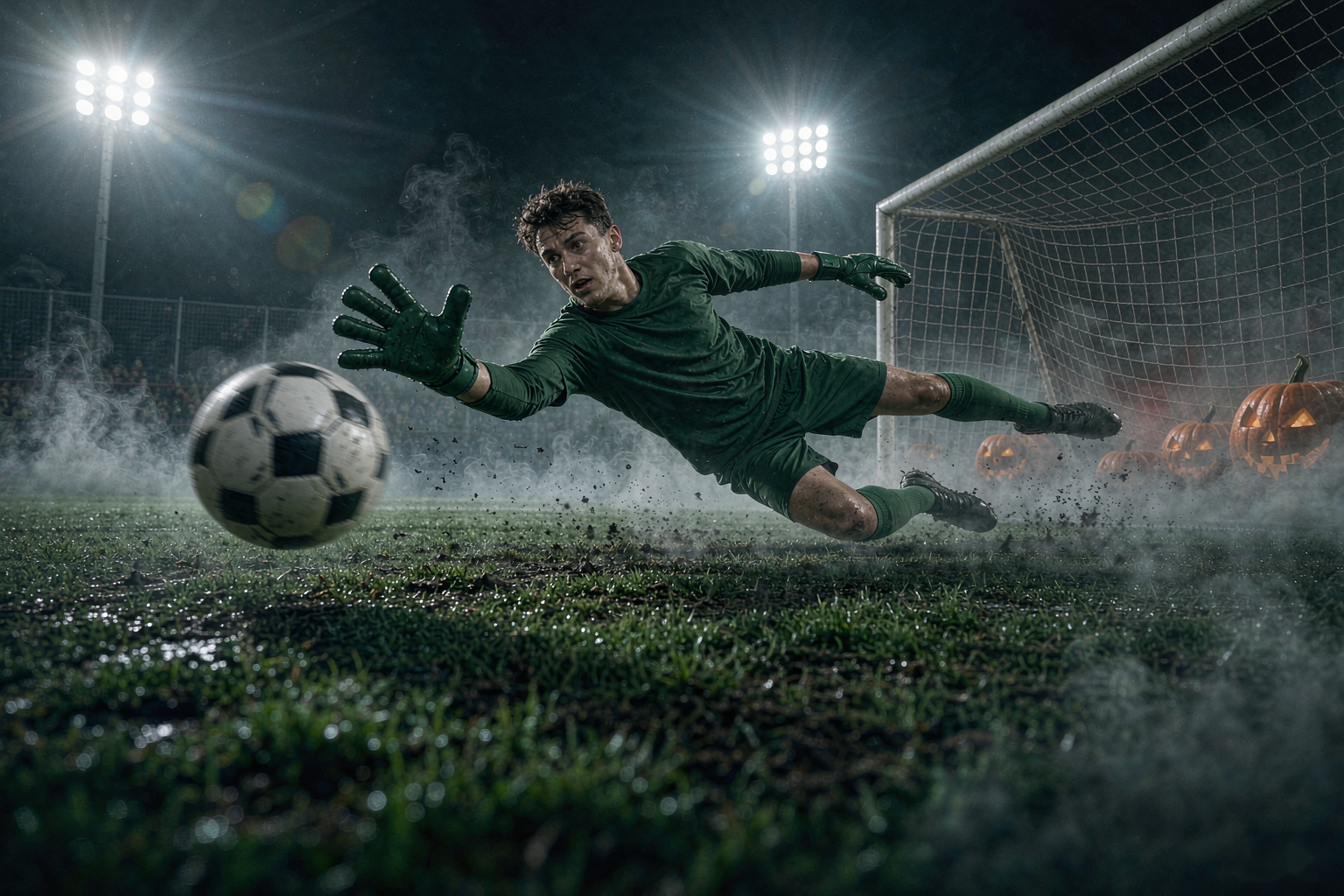 Goalkeeper making a diving save at night with Halloween pumpkins glowing behind the goal
