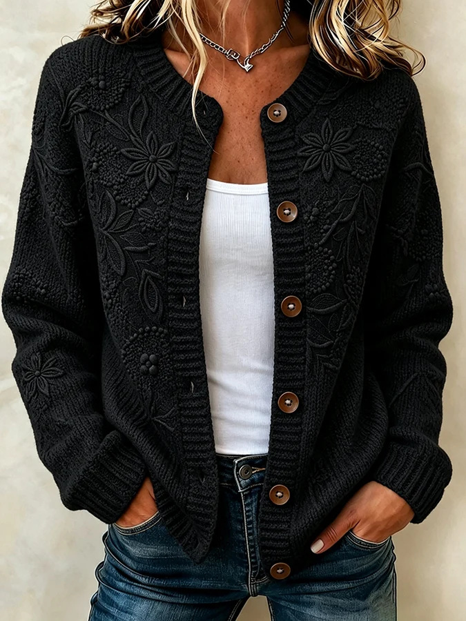 Women Floral Long Sleeve Crew Neck Casual Spring/Fall Cardigan Outerwear