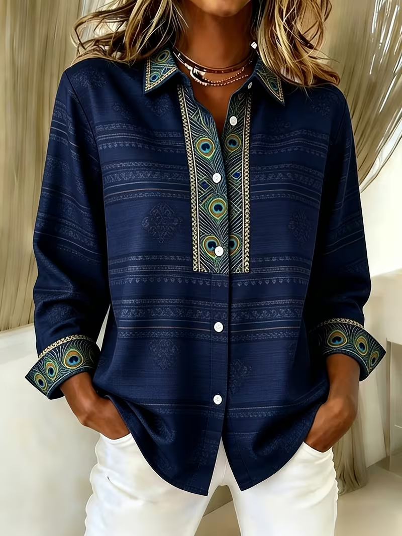 Women Abstract Shirt Collar Long Sleeve Shirt Buckle Regular Sleeve Casual Daily Spring/Fall Top
