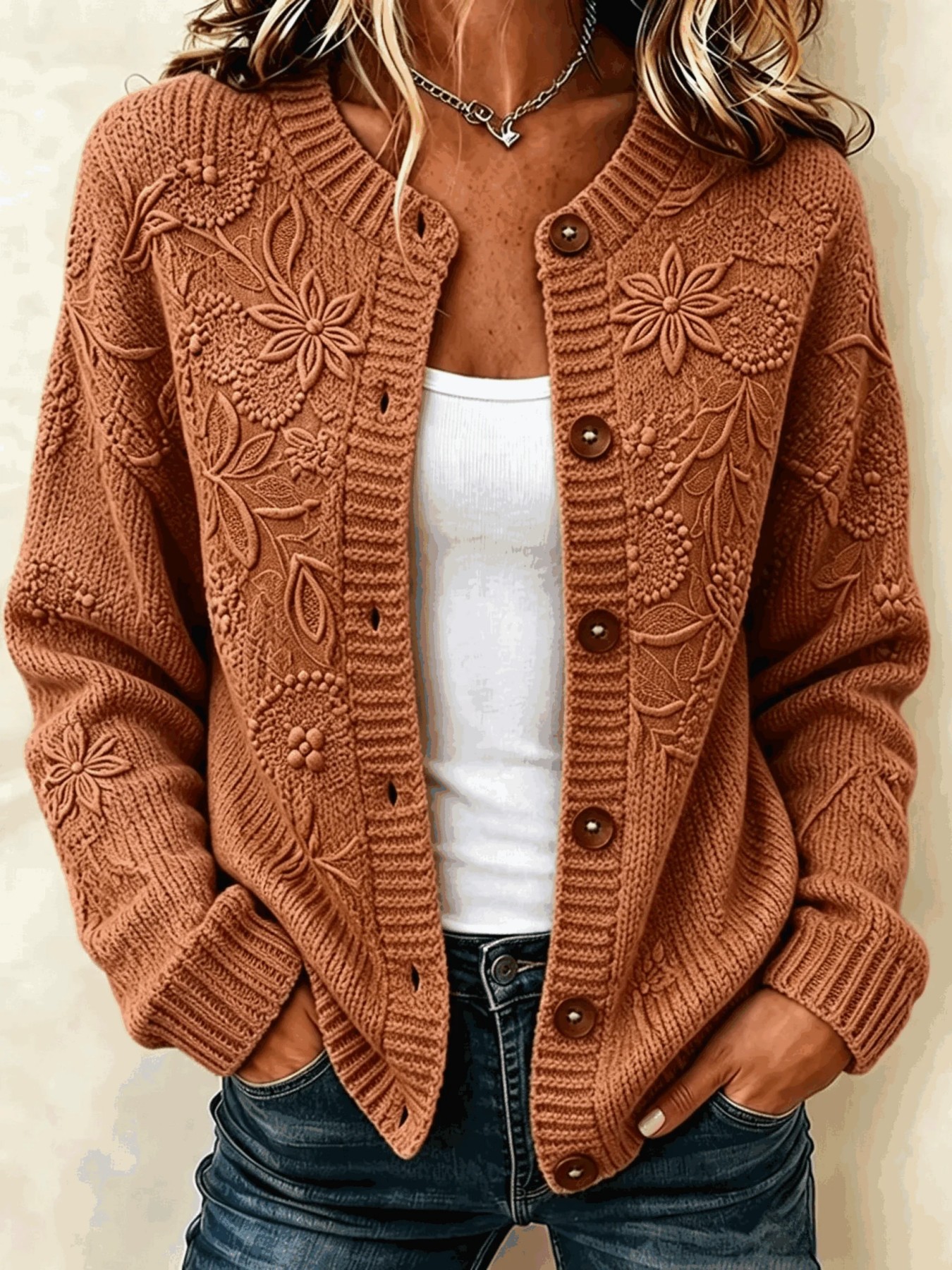 Women Floral Long Sleeve Crew Neck Casual Spring/Fall Cardigan Outerwear