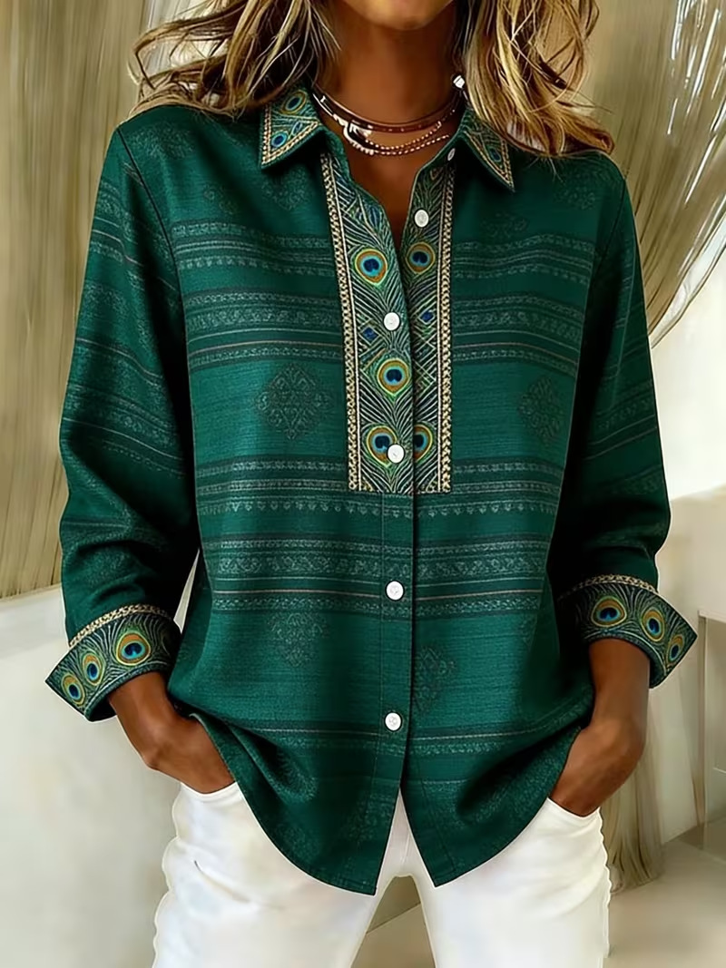 Women Abstract Shirt Collar Long Sleeve Shirt Buckle Regular Sleeve Casual Daily Spring/Fall Top