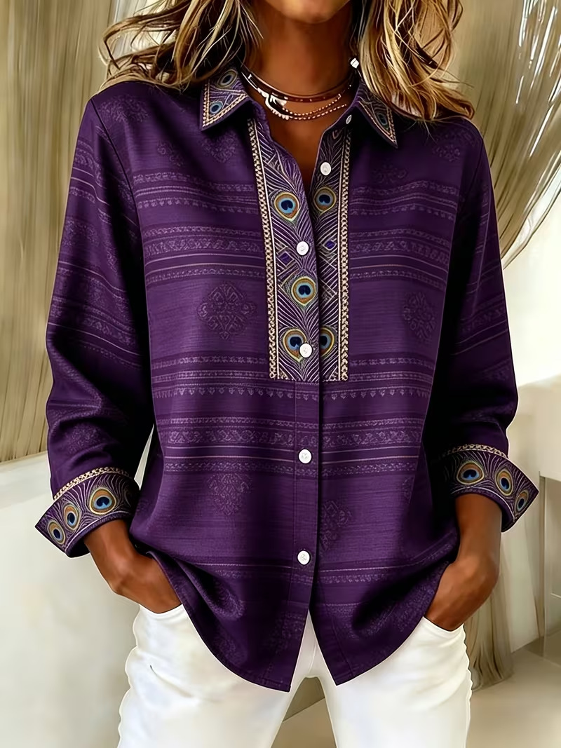 Women Abstract Shirt Collar Long Sleeve Shirt Buckle Regular Sleeve Casual Daily Spring/Fall Top