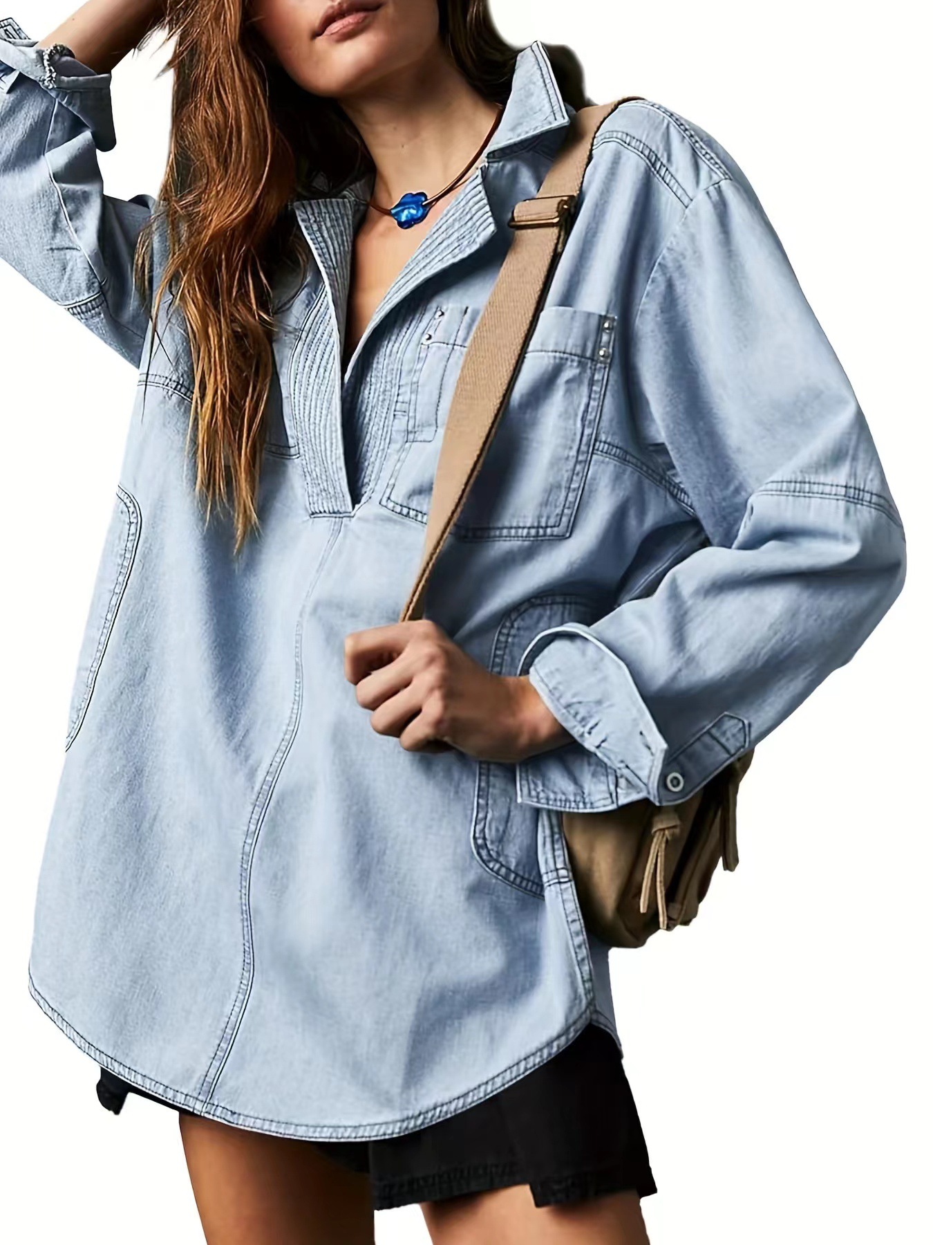 2026 New V-neck Fashionable Design Casual Denim Long-Sleeve Top