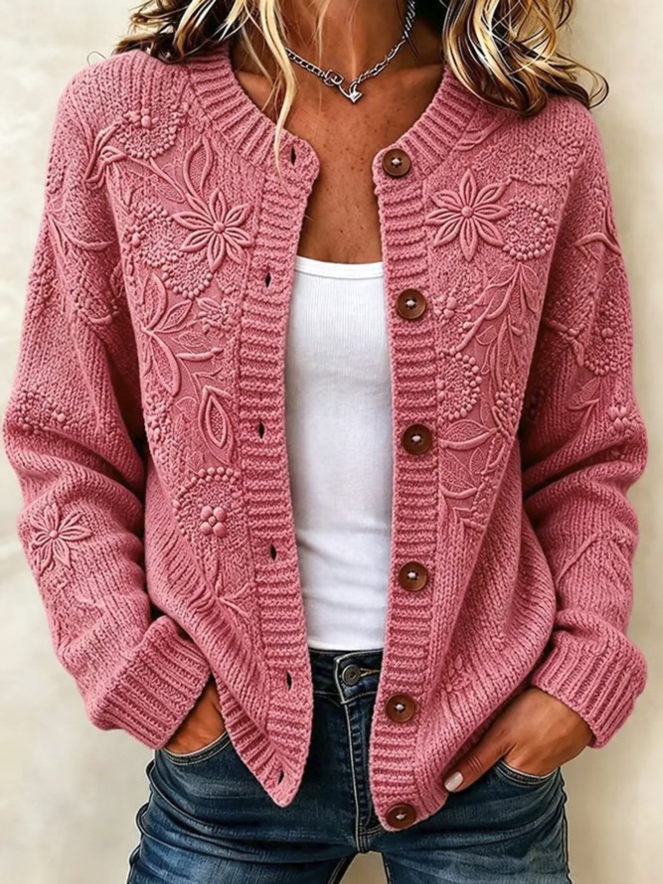 Women Floral Long Sleeve Crew Neck Casual Spring/Fall Cardigan Outerwear