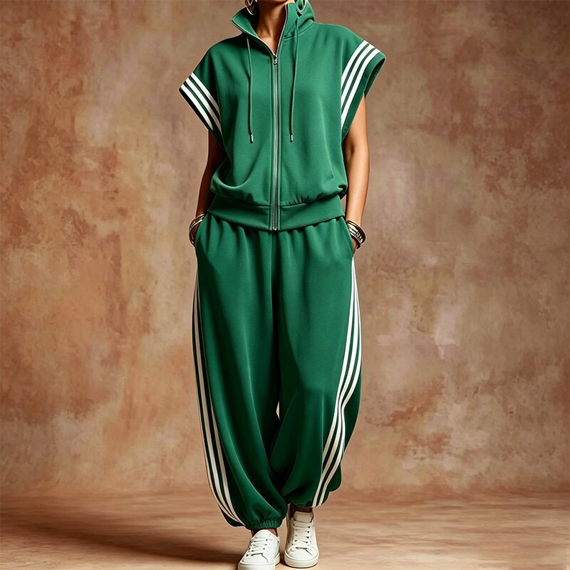 2026 New Women's Casual Sportswear Set: Zip-Up Stand-Collar Striped Color-Block Design
