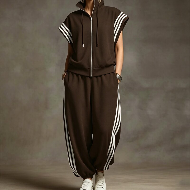 2026 New Women's Casual Sportswear Set: Zip-Up Stand-Collar Striped Color-Block Design