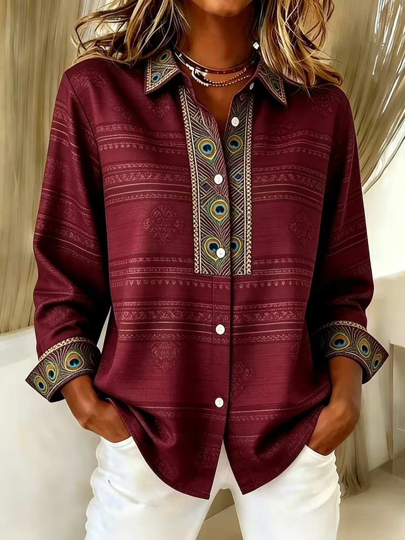 Women Abstract Shirt Collar Long Sleeve Shirt Buckle Regular Sleeve Casual Daily Spring/Fall Top