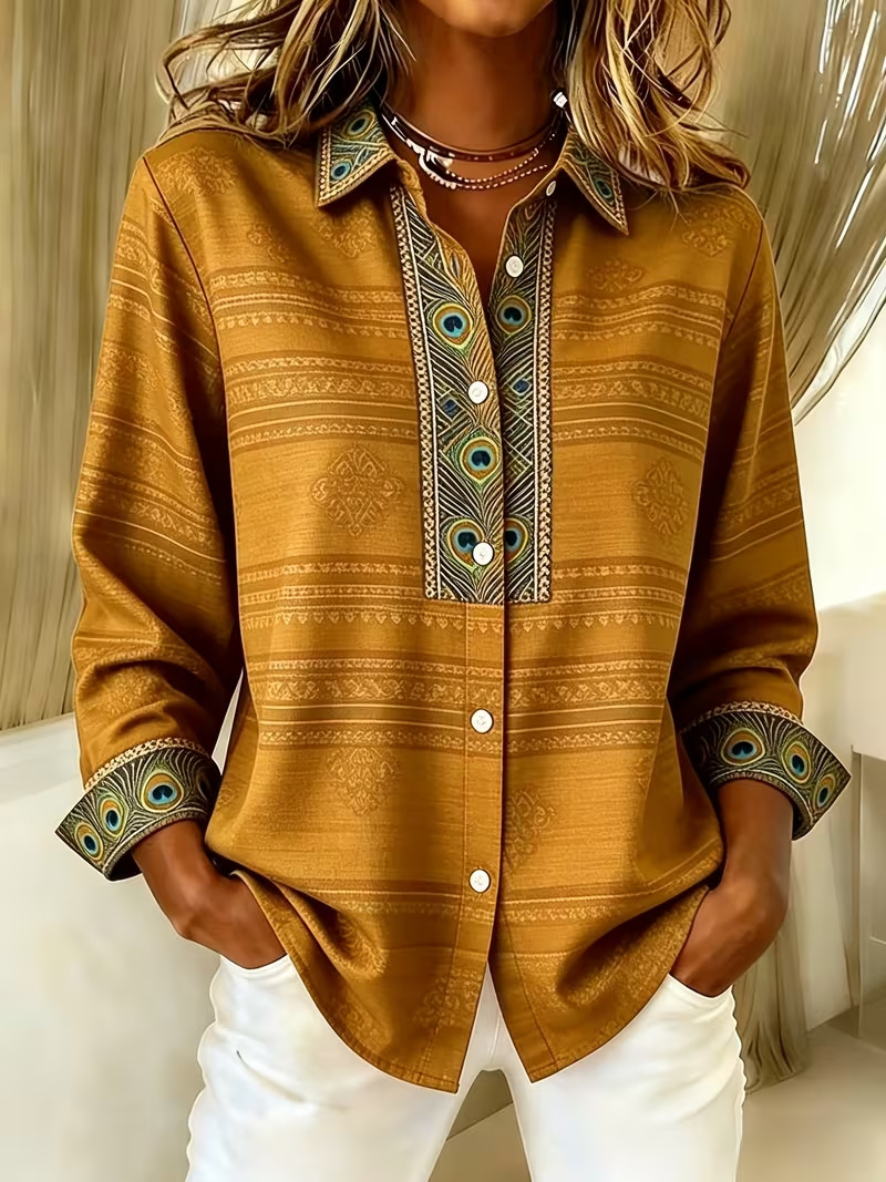 Women Abstract Shirt Collar Long Sleeve Shirt Buckle Regular Sleeve Casual Daily Spring/Fall Top