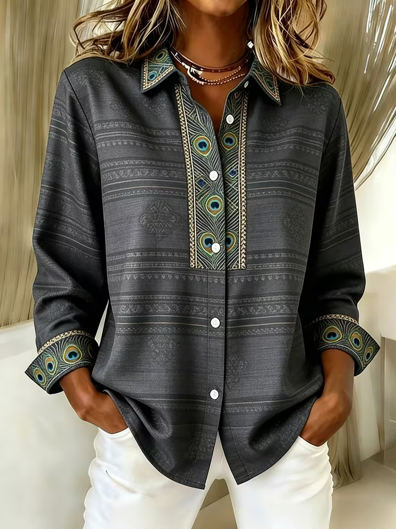 Women Abstract Shirt Collar Long Sleeve Shirt Buckle Regular Sleeve Casual Daily Spring/Fall Top
