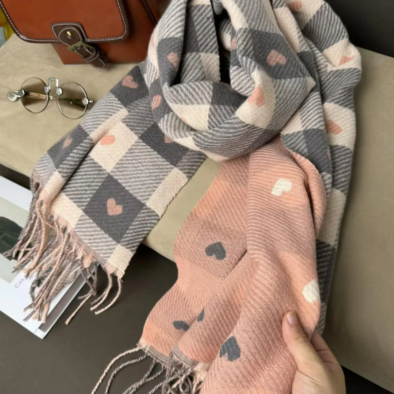Cozy Heart Plaid Scarf