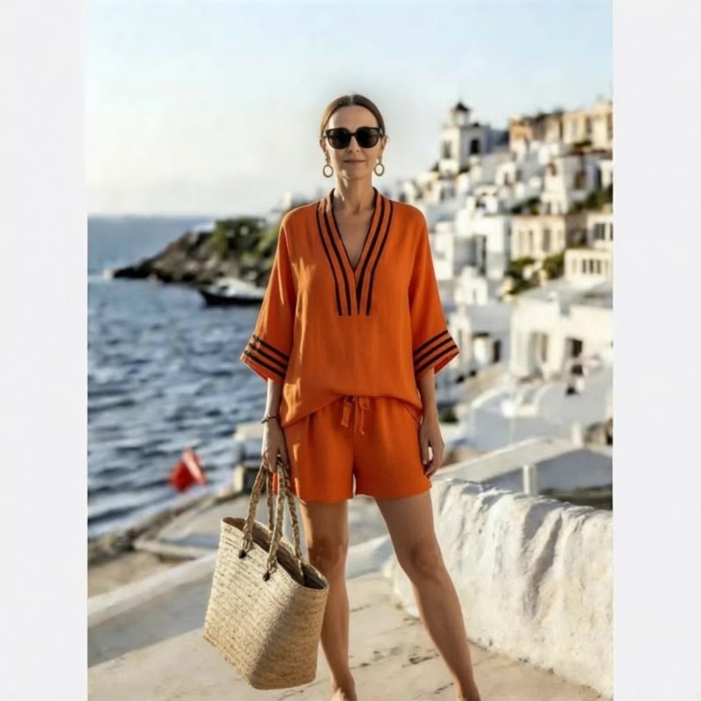 Women's Summer Two-Piece Set: Vertical-Striped Ramie-Bamboo Fiber V-Neck Flutter-Sleeve Shirt and Shorts (Loose & Casual)