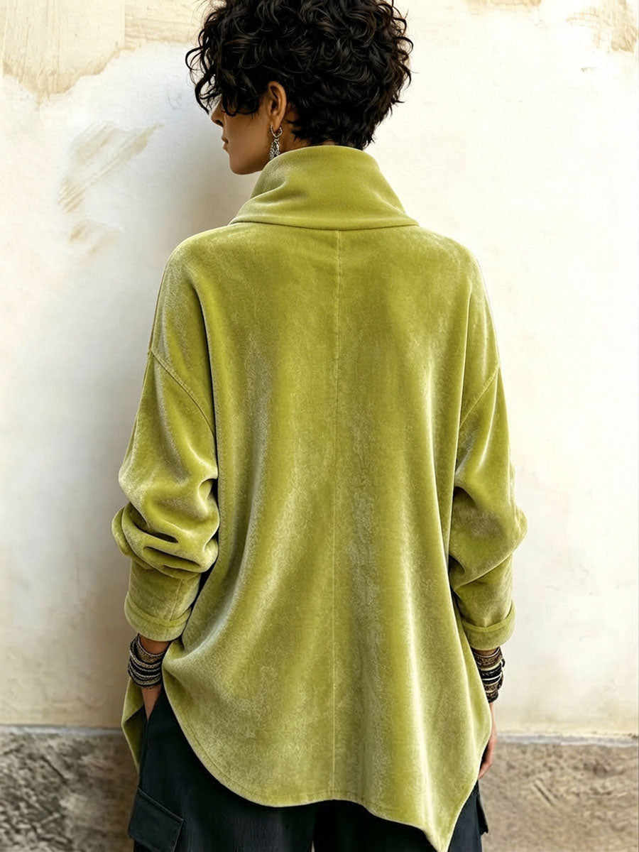 Chic Velvet Asymmetric Button Turtleneck Top(buy 2 free shipping)