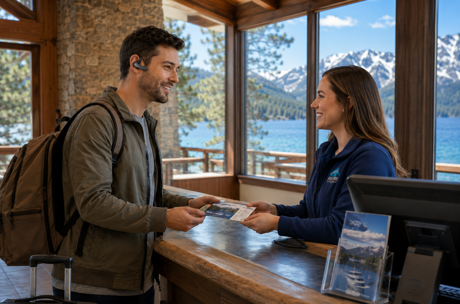 Traveler buying tickets at Lake Tahoe visitor center