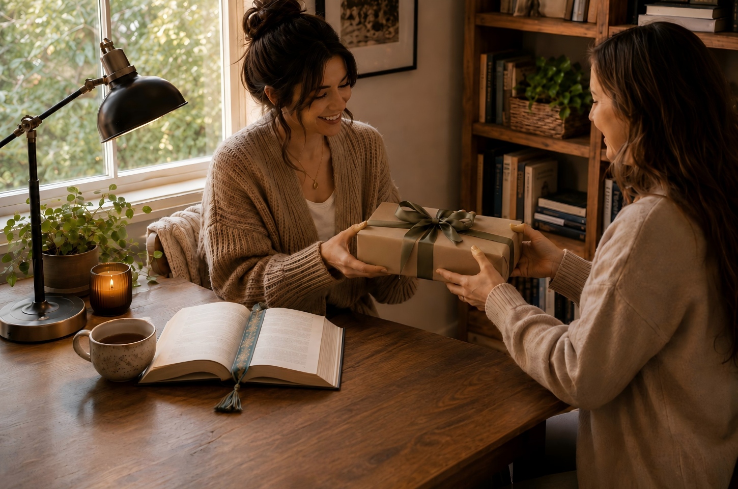 Friend giving a reading gift at home