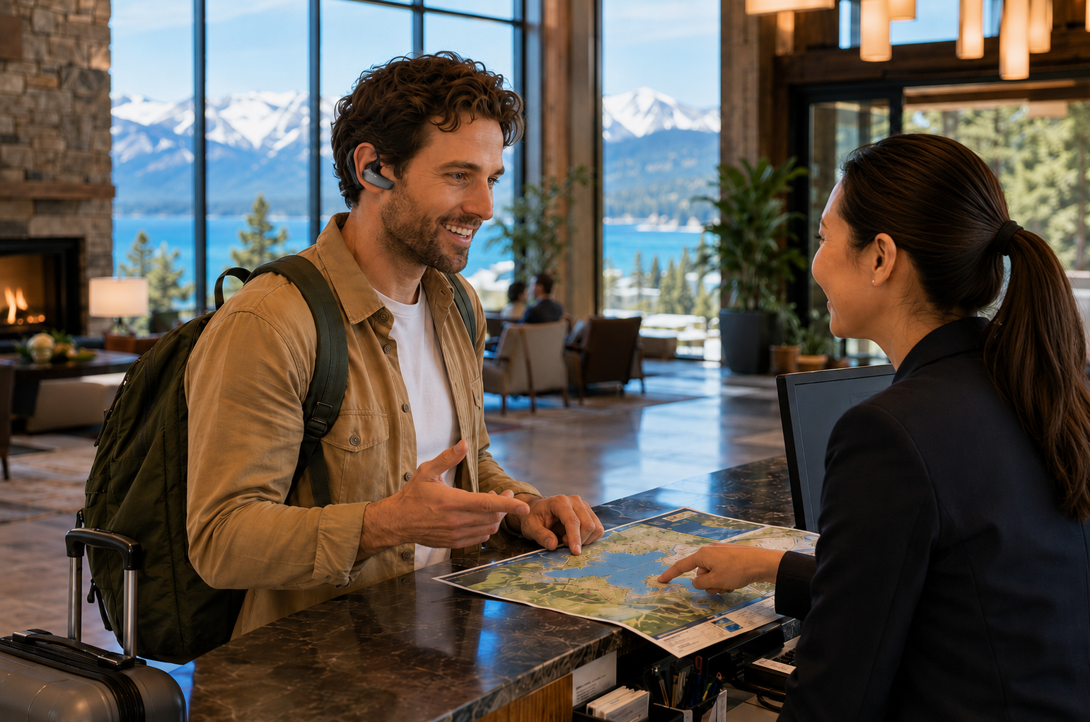 Hotel guest using translation earbuds at desk