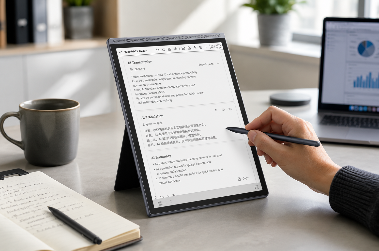 AI transcription tablet with notes on desk
