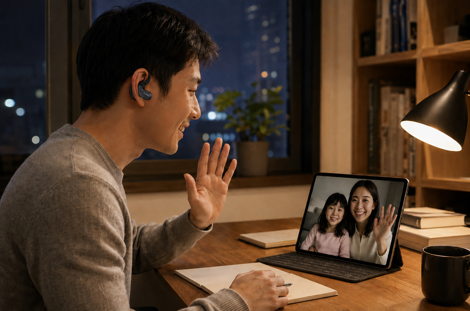 using iFLYTEK Translator Earbuds to video call wife and child living abroad