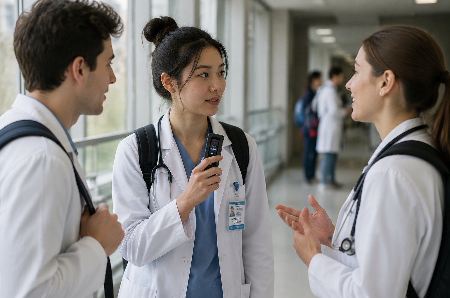 Medical students with recorder in corridor